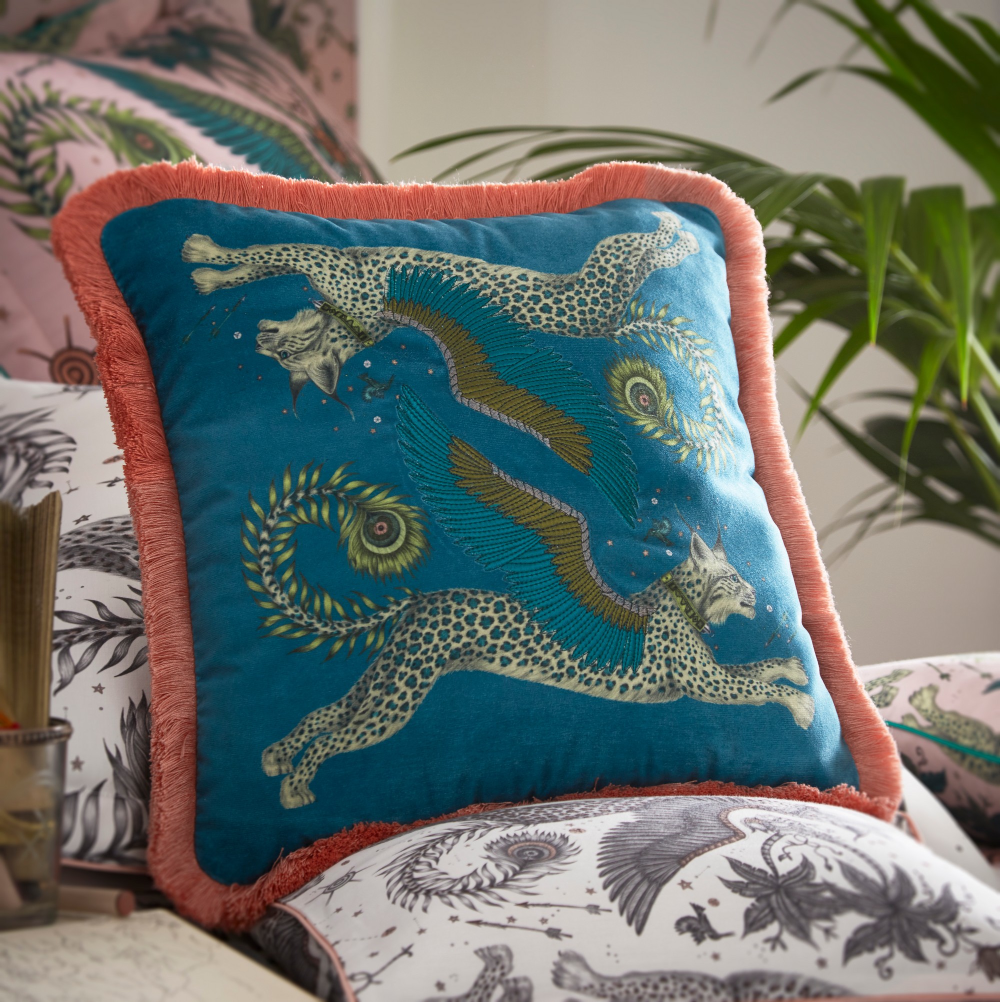 Lynx Fringed Hem Cushion By Emma J Shipley In Teal Green